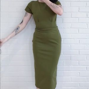 Army Green bodycon form fitting midi dress
